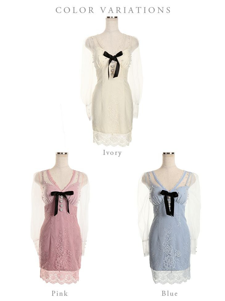 ROBEdeFLEURS ローブドフルール シフォンレース×パール 長袖 ミニドレス[2294]