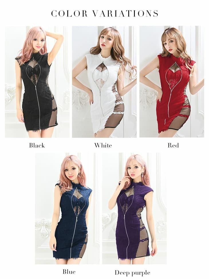 ROBEdeFLEURS Glossy[ローブドフルール グロッシー]フロント ジップ× レース ノースリーブ ミニドレス[XS/Lあり][真優川咲][2067]