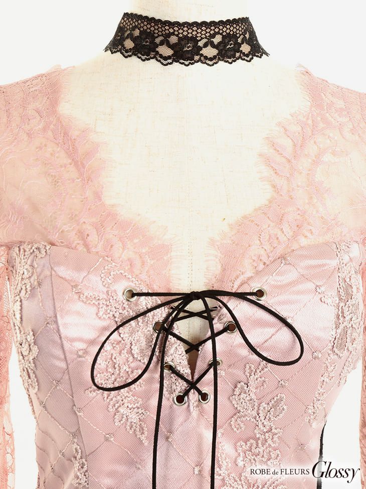 ROBEdeFLEURS Glossy[ローブドフルール グロッシー]サイドレース切替× ロングスリーブ ミニドレス[XS/Lあり][彩花ゆい][2332]
