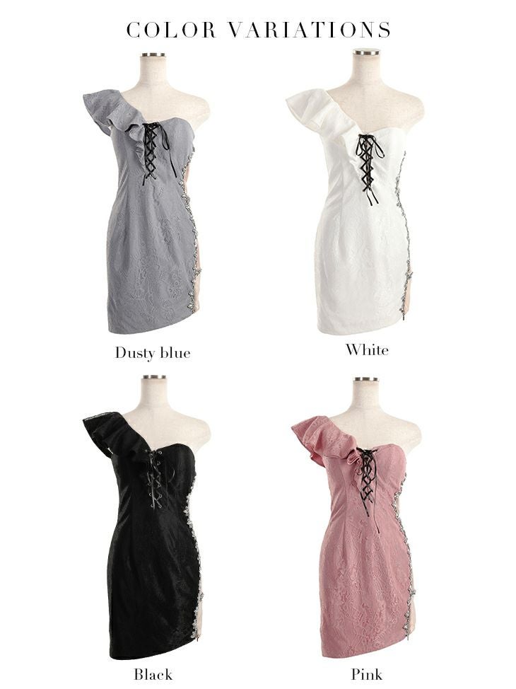 ROBEdeFLEURS Glossy[ローブドフルール グロッシー]レースアップ× アシンメトリー ワンショルダー ミニドレス[ゆめ][2129]