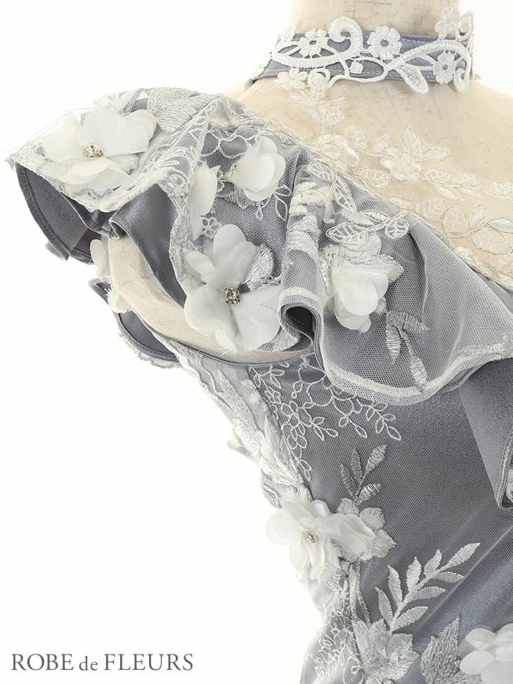 ROBEdeFLEURS ローブドフルール フラワーレース フリルアシンメトリ―オフショル タイト ミニドレス[2037]