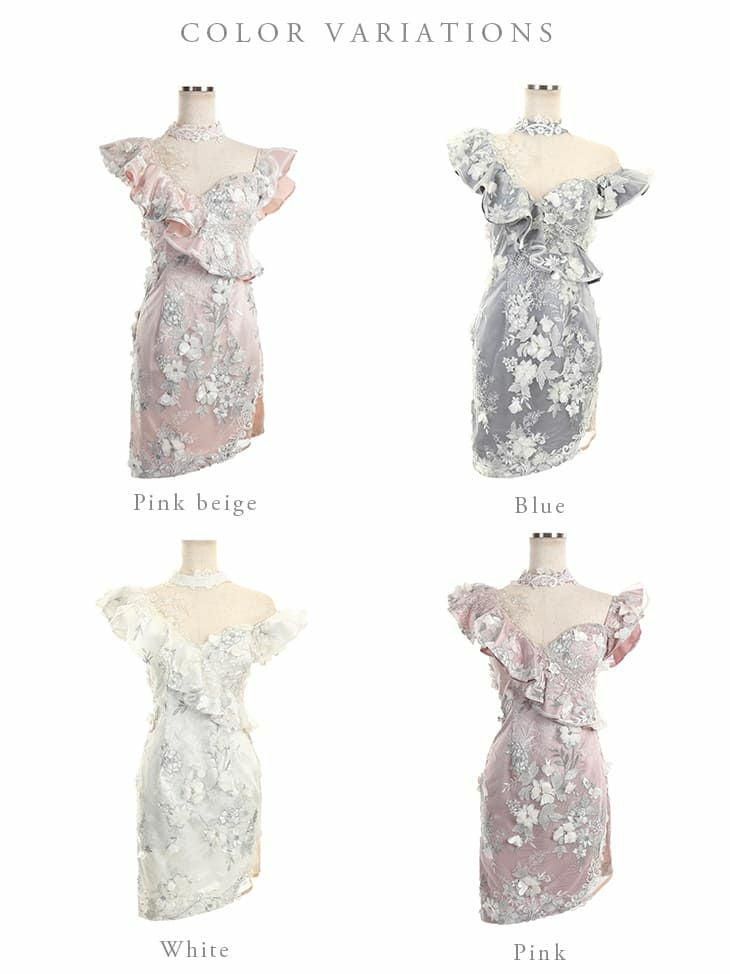 ROBEdeFLEURS ローブドフルール フラワーレース フリルアシンメトリ―オフショル タイト ミニドレス[2037]