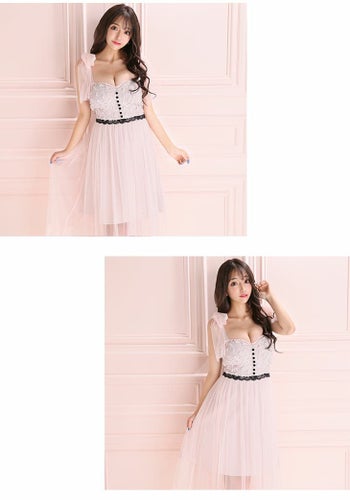 ROBEdeFLEURS [ローブドフルール]リボンショルダー フレア ガーリーミディドレス(ピンク/ブルー/アイボリー)[2206]