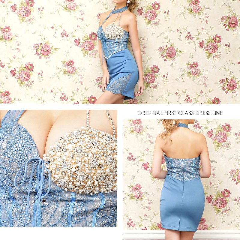 エンジェルアール [AngelR]パール ビジュー ホルターネック レースデザイン × ミニドレス[真優川咲][21312bkgr]