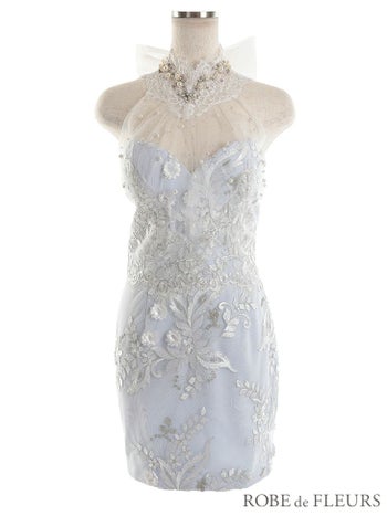 ROBEdeFLEURS ローブドフルール パール＆レース ホルターサテン タイト ミニドレス[2370]