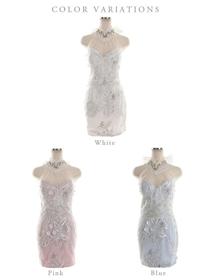 ROBEdeFLEURS ローブドフルール パール＆レース ホルターサテン タイト ミニドレス[2370]