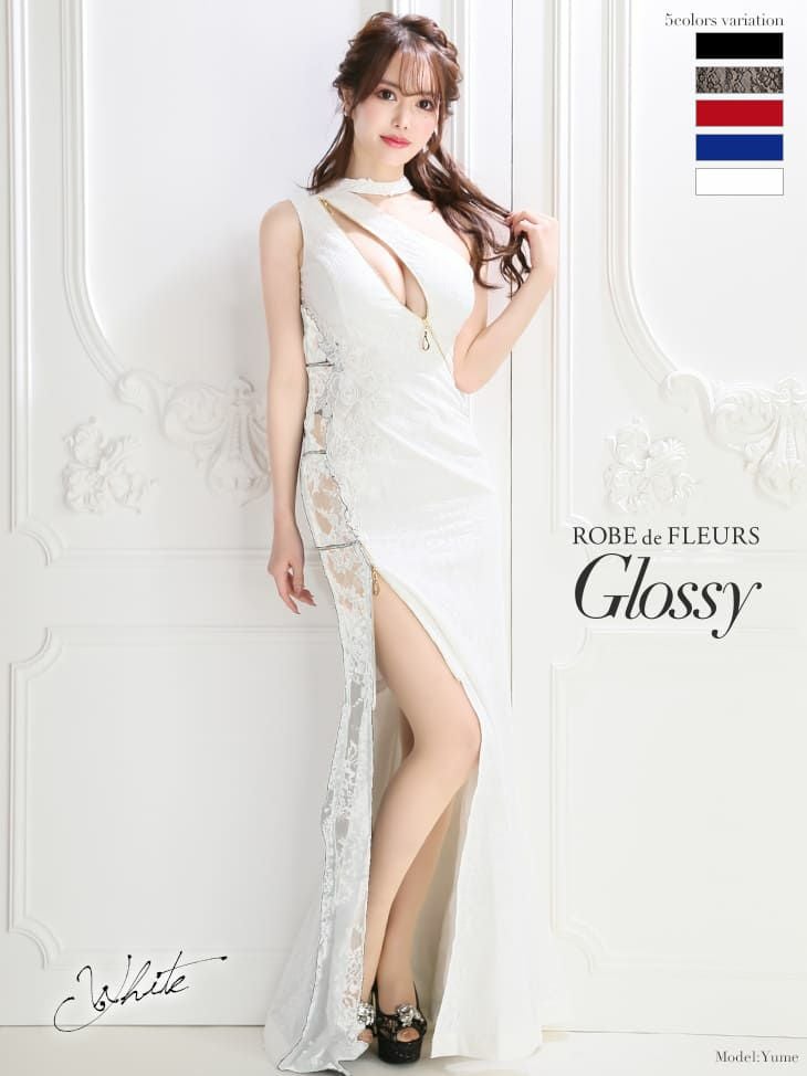 ROBEdeFLEURSGlossy[ローブドフルールグロッシー] gl2195 ジップ× チョーカーデザインサイドメッシュ タイト ロングドレス(XS/S/M/L)