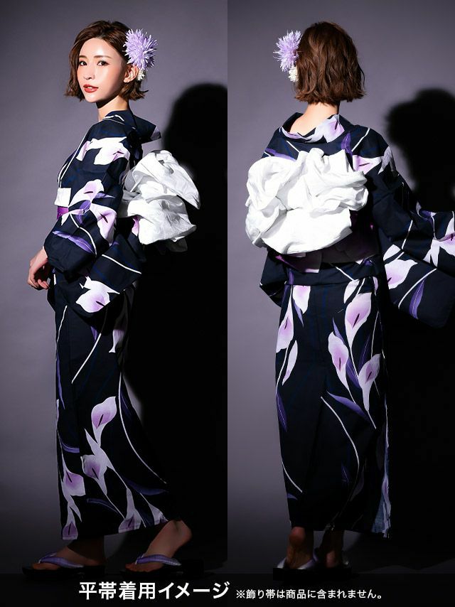 [浴衣 帯が選べる]濃紺×菖蒲の花柄 ゆかた3点SET[浴衣+平帯or作り帯+下駄][石原彩香着用]
