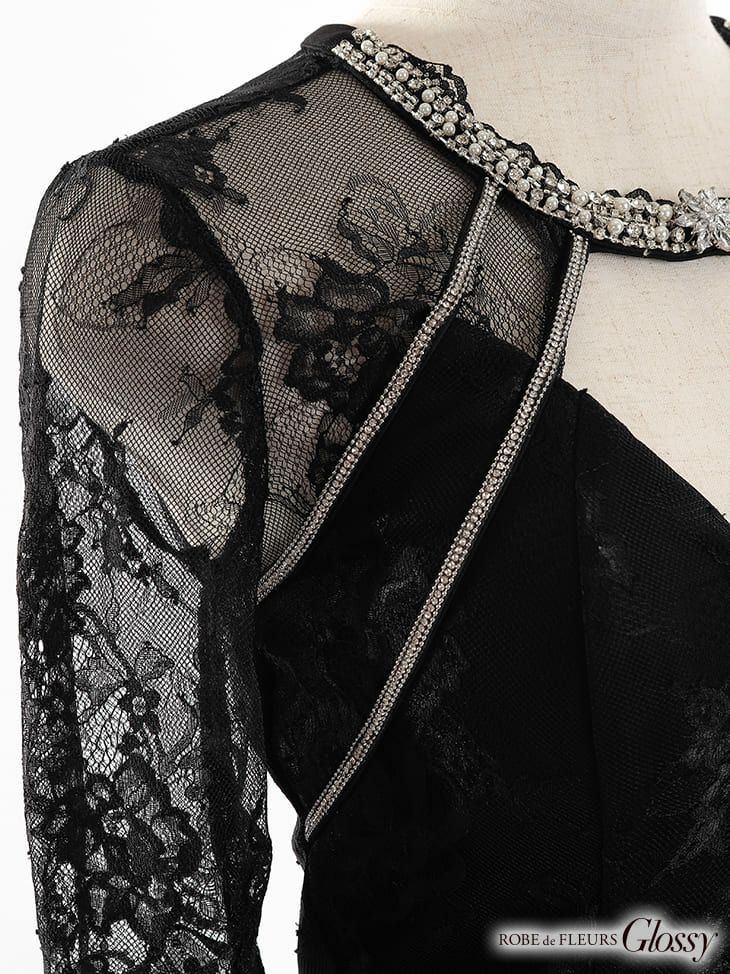 ROBEdeFLEURS Glossy[ローブドフルール グロッシー]片サイドチュール切替× フロント ジッパー ミニドレス[ゆめ][2363]