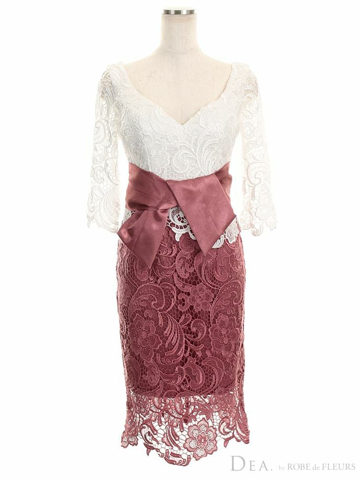 ディア バイ ローブドフルール [DEA] 1726 ウエスト リボン レース七分袖 膝丈ミニドレス