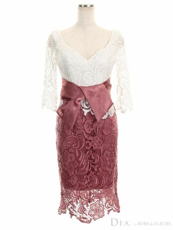 ディア バイ ローブドフルール [DEA] 1726 ウエスト リボン レース七分袖 膝丈ミニドレス