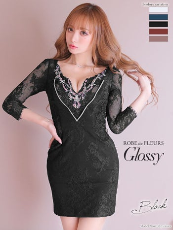 ROBEdeFLEURS Glossy[ローブドフルール グロッシー]ロングスリーブ×ビジュー ミニドレス[ゆめ][2387]