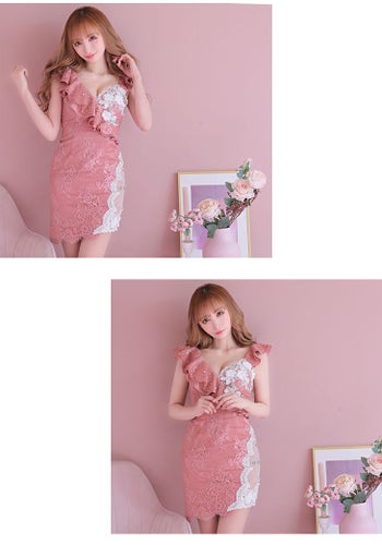 ROBEdeFLEURS ローブドフルール 3D フラワー× 刺繍レース タイト ミニドレス[2307]