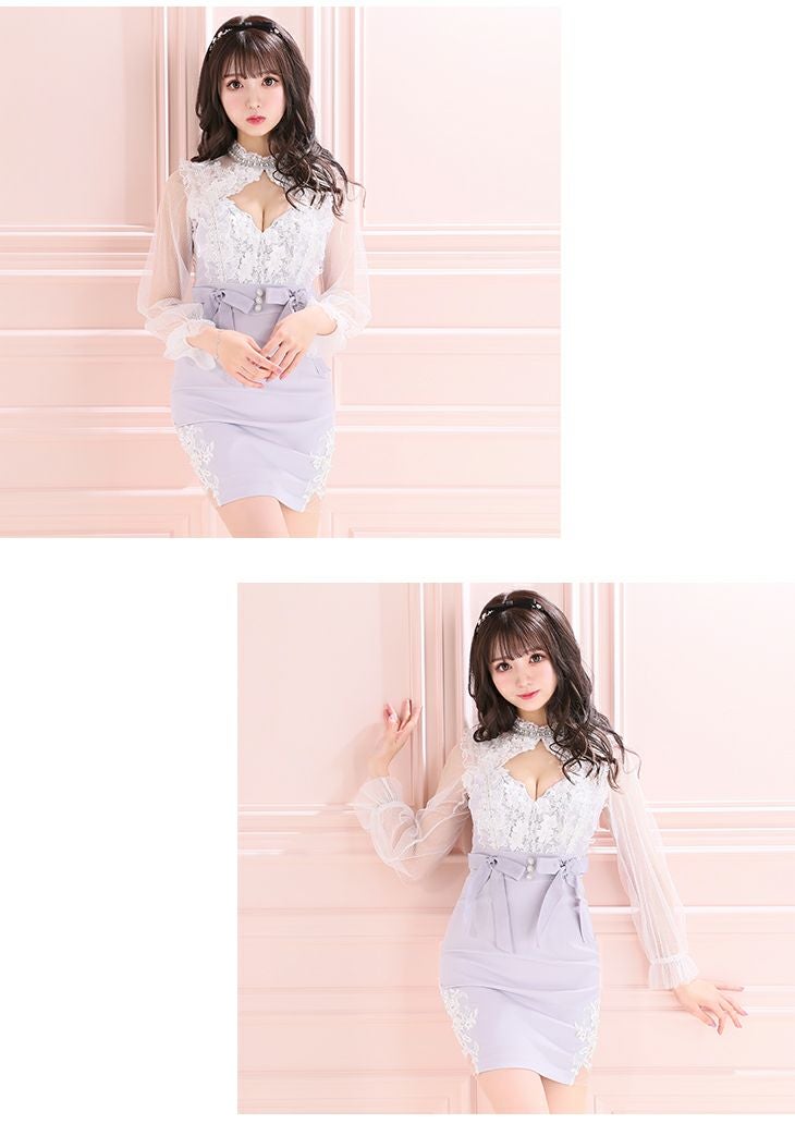 ROBEdeFLEURS ローブドフルール シフォンレースウエストリボン 長袖 タイト ミニドレス[2163]