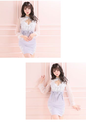 ROBEdeFLEURS ローブドフルール シフォンレースウエストリボン 長袖 タイト ミニドレス[2163]