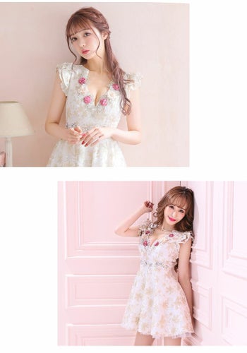 ROBEdeFLEURS ローブドフルール 立体 フラワーレース×刺繍デザイン 半袖 フレア ミニドレス[2012]