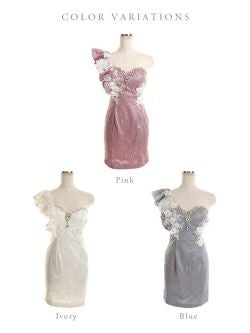 ROBEdeFLEURS ローブドフルール フラワーモチーフ フリル ワンショルダー タイト ミニドレス[2416]