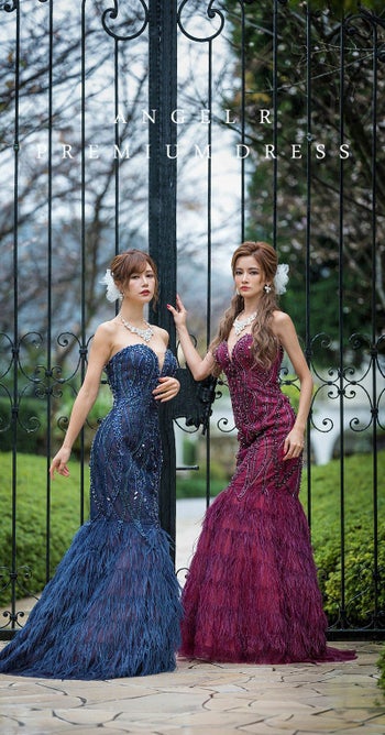 キャバドレス AngelR [エンジェルアール][Premium]フェザー マーメイド ロングドレス(ネイビー/ワインレッド)[REO][80601]