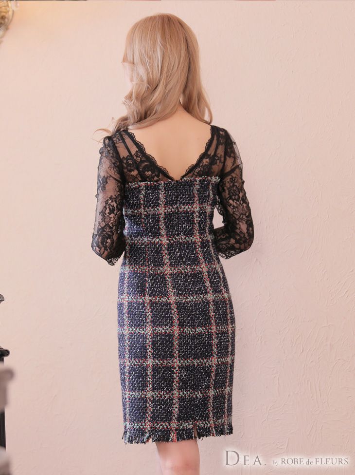 ディア バイ ローブドフルール [DEA] 2443 ツイード  レーススリーブ  ひざ丈ドレス