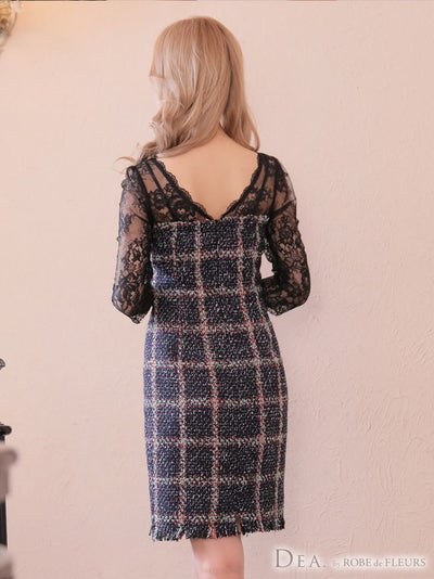 ディア バイ ローブドフルール [DEA] 2443 ツイード  レーススリーブ  ひざ丈ドレス