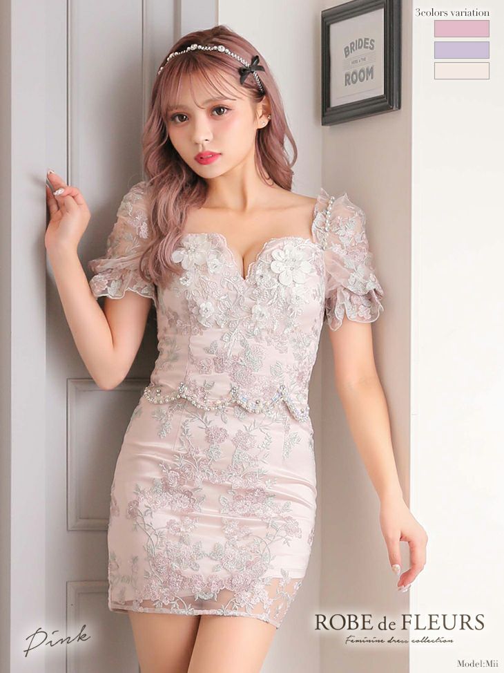 ROBEdeFLEURS ローブドフルール シフォン フリル フラワー刺繍 タイト ミニドレス[2418]