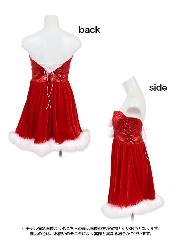[サンタコスプレ SET]グリッター ベアトップ ポンポン付きフレアワンピース サンタコス[一条響]