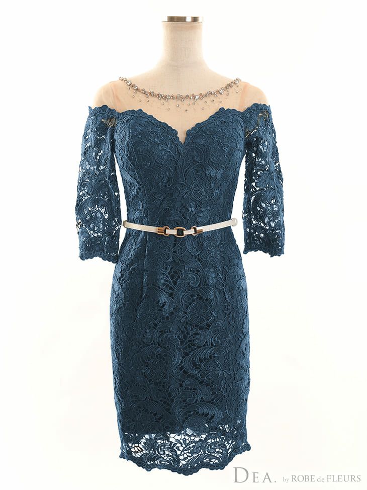ディア バイ ローブドフルール [DEA] 2371 ビジュー チュール ベルト付き 総レース  ひざ丈ドレス