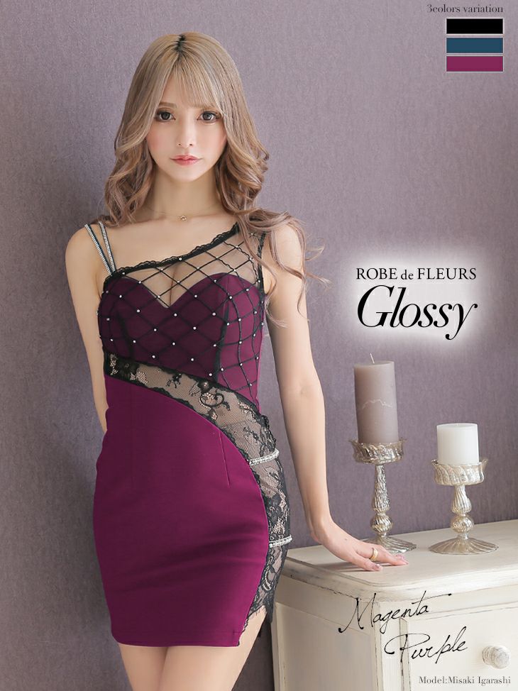 ROBEdeFLEURS Glossy[ローブドフルール グロッシー]アシンメトリーデザイン ダイヤチュール ミニドレス[ゆめ][2405]