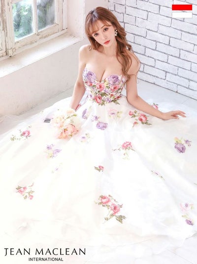 【JEANMACLEAN/ジャンマクレーン】フラワー花柄 オーガンジーチュール ビジュー プリンセス ベアトップ フレアロングドレス