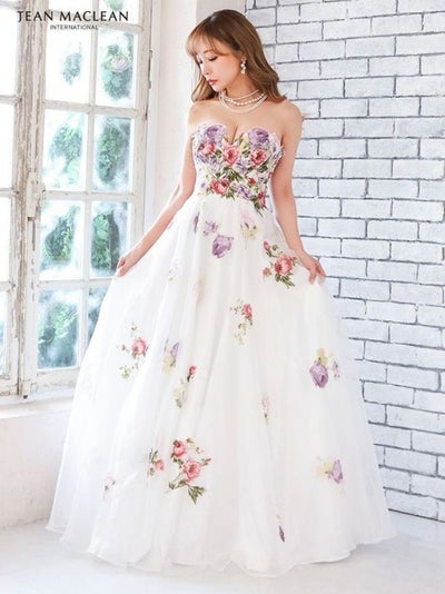 【JEANMACLEAN/ジャンマクレーン】フラワー花柄 オーガンジーチュール ビジュー プリンセス ベアトップ フレアロングドレス