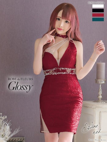 ROBEdeFLEURS Glossy[ローブドフルール グロッシー]スパンコール レース×サイドチュール切替 ミニドレス[ゆめ][2504]