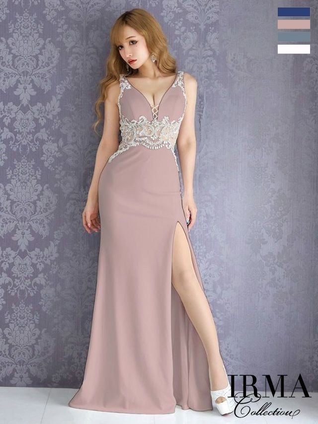 IRMA[イルマ]刺繍 ビジュー ストレッチ ノースリーブ スリット ワンカラー タイト 高級ロングドレス[アイボリー][真優川咲/キャバドレス着用][11046]