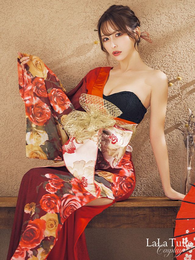 コスプレ】花魁 ワンショルダー ゴージャス 和装 ドレス 衣装3点セット