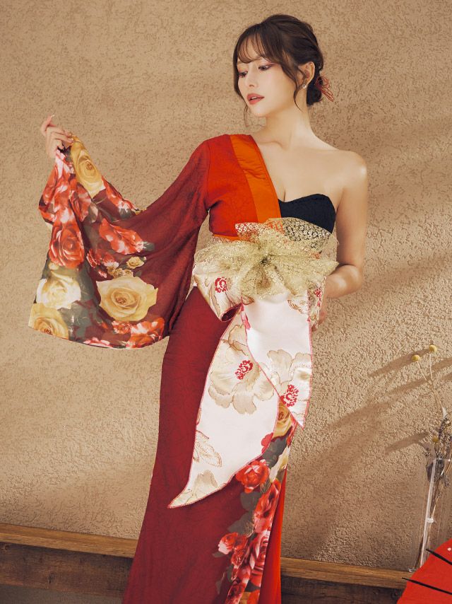コスプレ】花魁 ワンショルダー ゴージャス 和装 ドレス 衣装3点セット