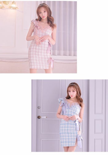 ROBEdeFLEURS ローブドフルール ツイード×リボン ピンク タイト ミニドレス[2564]