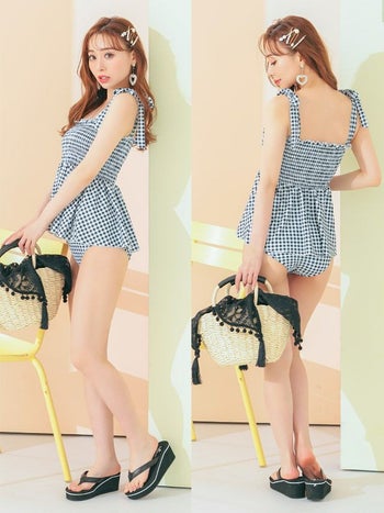 [水着]デニムショートパンツ付き リボン× チェック柄 ビスチェ スイムウェア[Lあり][ピンク][久保七瀬/水着着用]