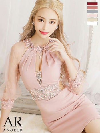 エンジェルアール [AngelR]メッシュスリーブ ウエストビジューデザイン ワンカラー ミニドレス[葉月 芽生][22806]