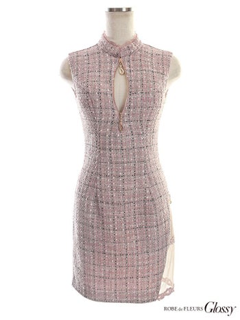 ROBEdeFLEURS Glossy[ローブドフルール グロッシー]ツイード×バーティカルバスト ジッパー ミニドレス[XS/Lあり][真優川咲][2562]