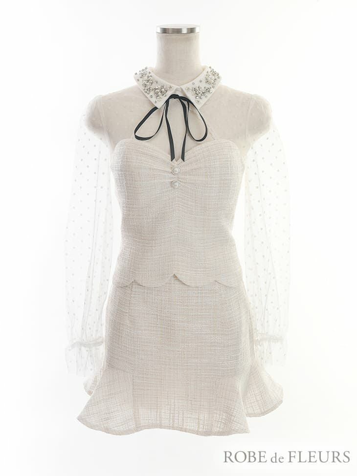 ROBEdeFLEURS ローブドフルール ツイード×ドット チュール スカートパンツドレス[2486]