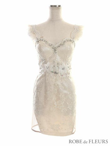 ROBE de FLEURS[ローブドフルール]立体フラワー×花柄レース カッティング タイト 高級ミニドレス[アイボリー][XS/Lあり][真優川咲/キャバドレス着用][2506]
