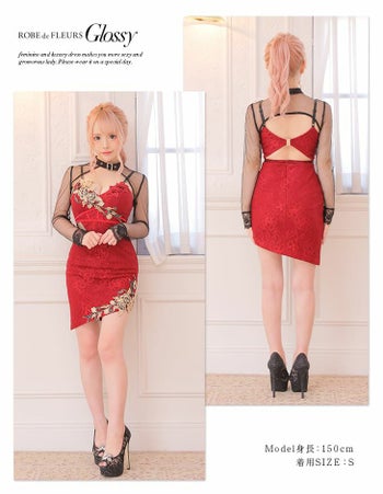 ROBEdeFLEURS Glossy[ローブドフルール グロッシー]美咲キララ×Glossy フラワー レースシアー 2WAY 長袖 ミニドレス（ブラック/レッド/ホワイト/ベージュ)[美咲キララ][2491]