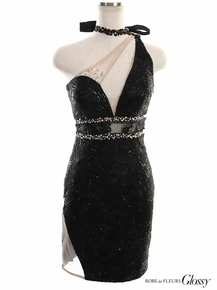 ROBEdeFLEURS Glossy[ローブドフルール グロッシー]スパンコール レース×サイドチュール切替 タイトミニドレス[XSあり][2504-2]