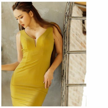  [Veautt][ヴュート]vt-md-vt02223 バックチェーン ドレープオープン イエロー ミディアムタイトドレス(2color)(S)[送料無料]