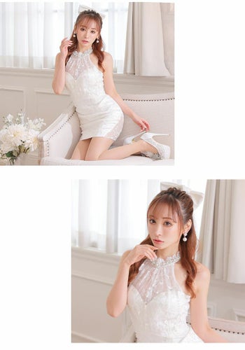 ROBEdeFLEURS ローブドフルール スパンコール付きレースｘビジュー ホルター ピンク タイト ミニドレス[2623]