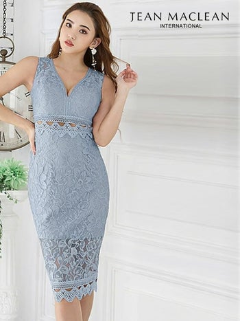 キャバドレス [JEANMACLEAN][ジャンマクレーン]jm-md-25759 ケミカルレースデザイン ブルー タイトミディドレス