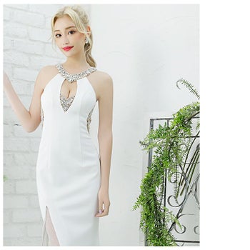 キャバドレス AngelR [エンジェルアール]デコルテビジュー バック チェーンビジュー  タイトロングドレス(ホワイト)[葉月 芽生][22211]