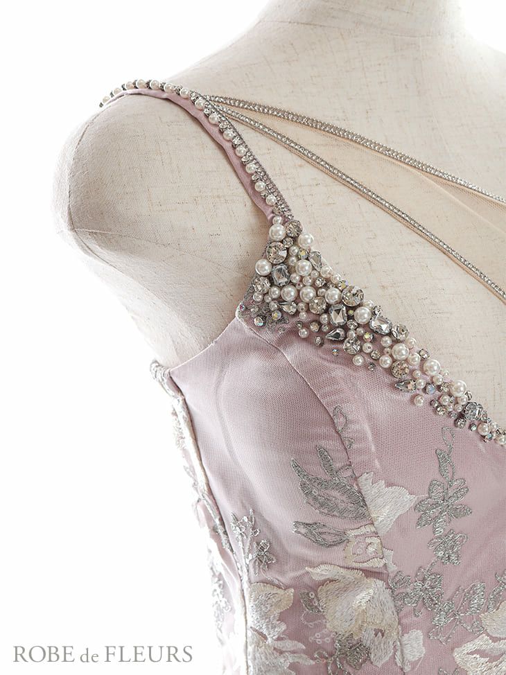 ROBEdeFLEURS ローブドフルール スパンコールレース アシンメトリー ストレッチ ダスティ ピンク タイト ミニドレス[2600]