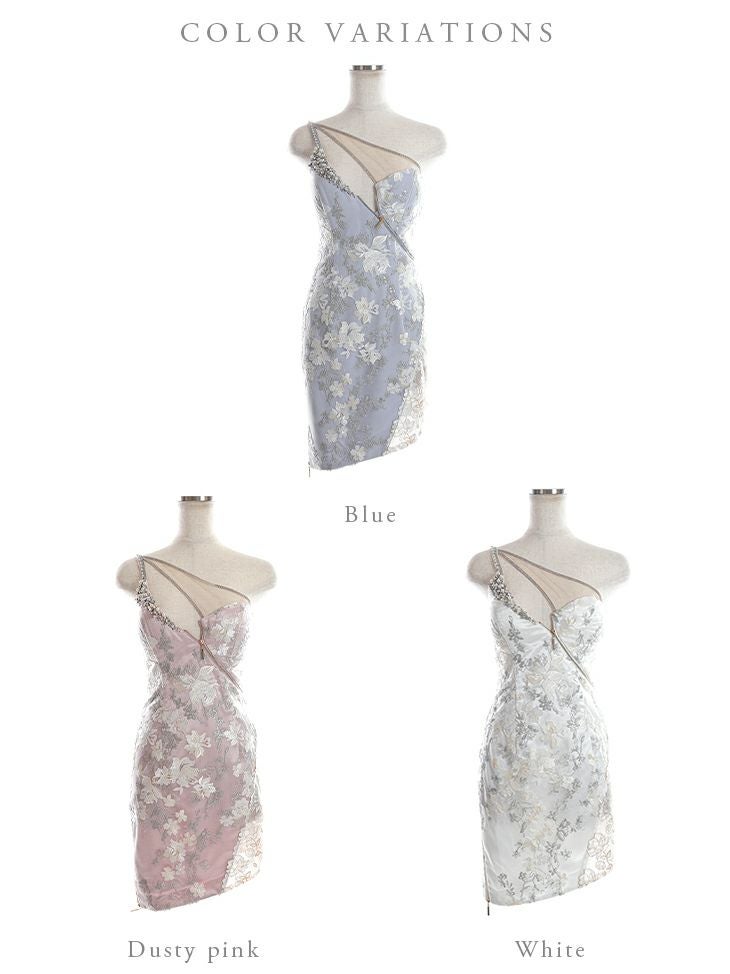 ROBEdeFLEURS ローブドフルール スパンコールレース アシンメトリー ストレッチ ダスティ ピンク タイト ミニドレス[2600]