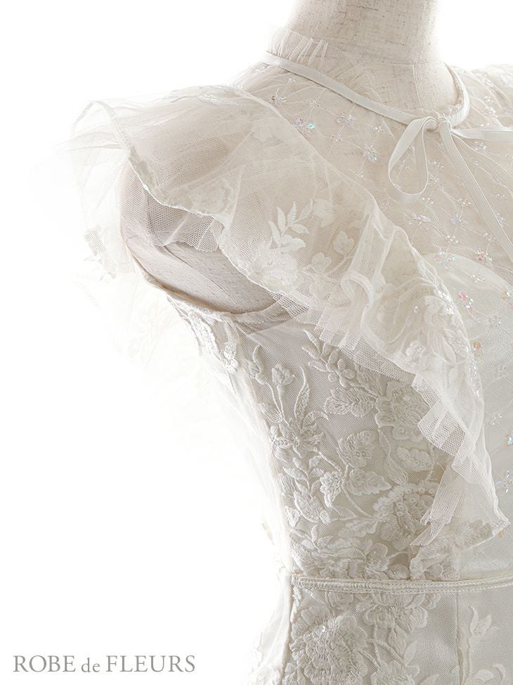 ROBEdeFLEURS ローブドフルール フリル袖 × スパンコール ブロック チュール ホワイト タイト ミニドレス[2626]