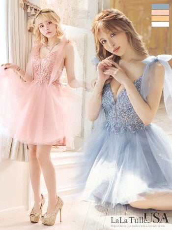 キャバドレス LaLaTulle select [インポート] llt-mdla823895 スパンコール 刺繍レース リボンショルダー チュール フレア ミニドレス(2color)(XS/S)[ゆんころ]画像10